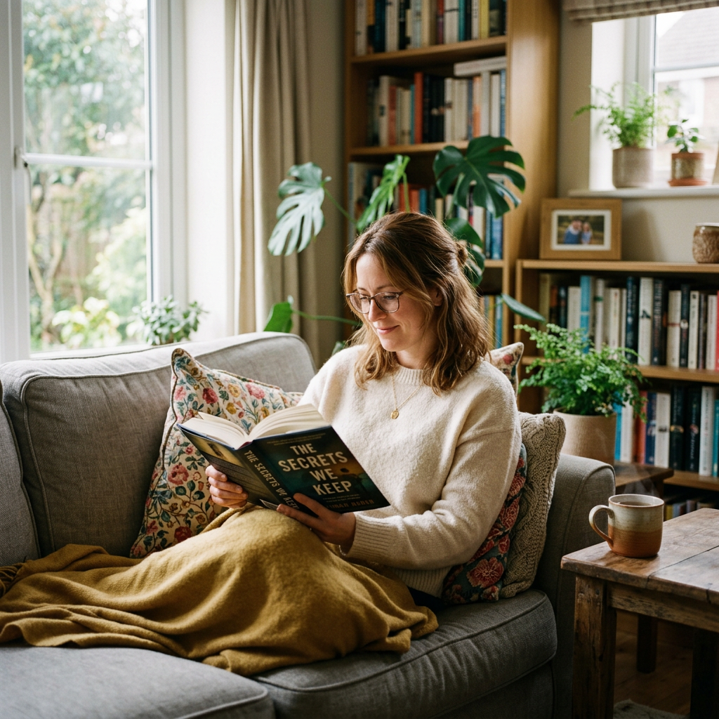Woman sitting on a couch reading the book titled The Secrets We Keep